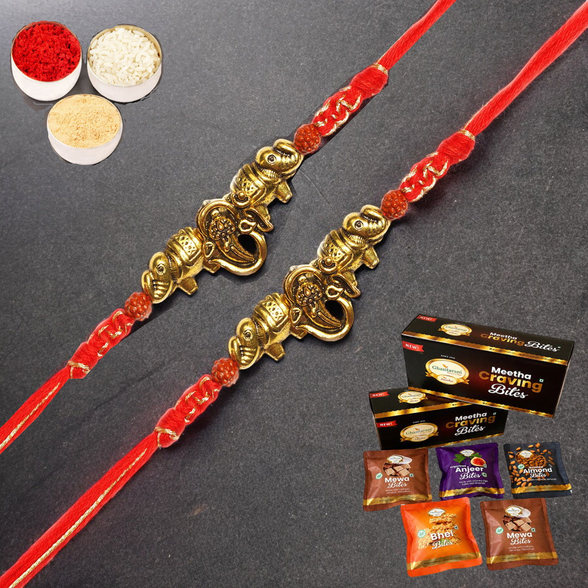 Set of 2 - LD-84 Om Ganesha Rakhi with Asorted bites box