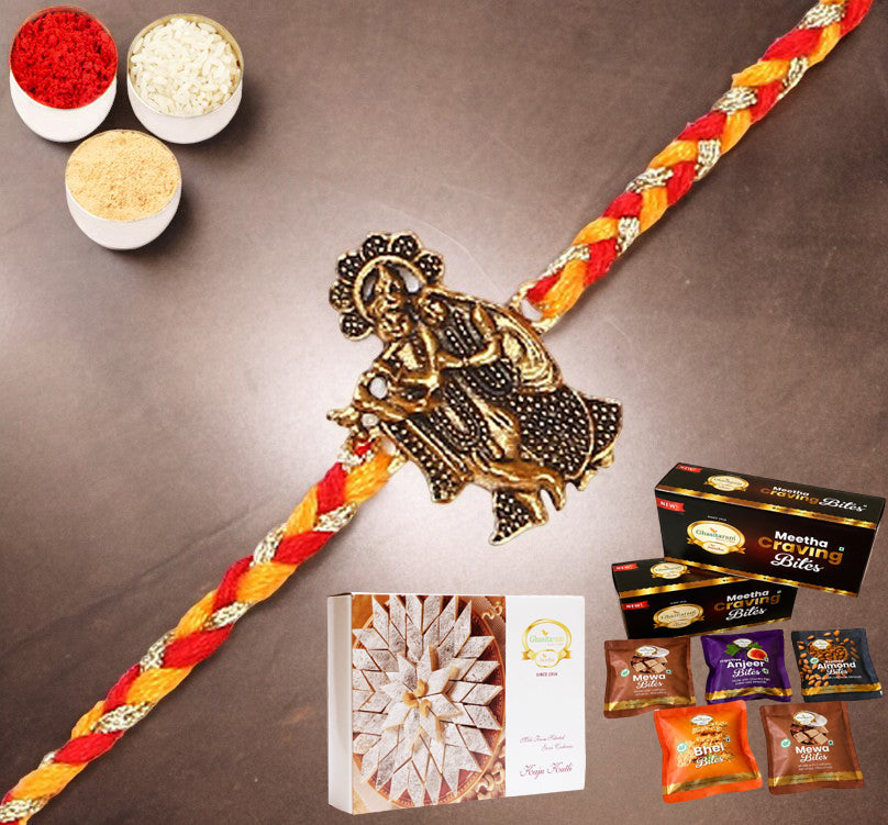 L-1 Krishna Rakhis with Asorted bites box and 200 gms of Kaju katli
