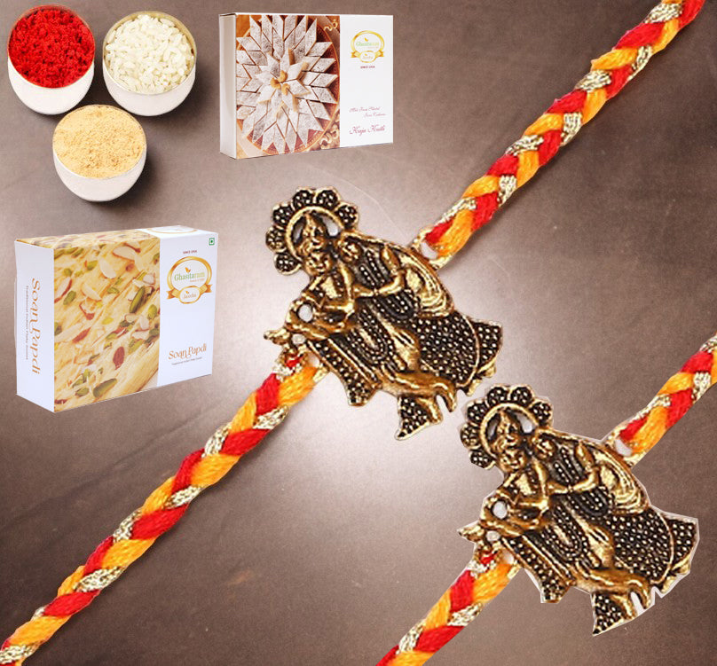 Set of 2 - L-1 Krishna Rakhis with 200 gms of Kaju katli and 200 gms of Soan Papdi