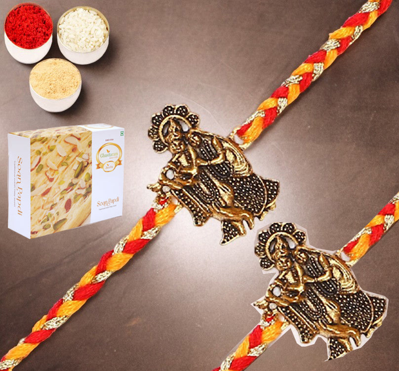 Set of 2 - L-1 Krishna Rakhi with 400 gms of Soan Papdi
