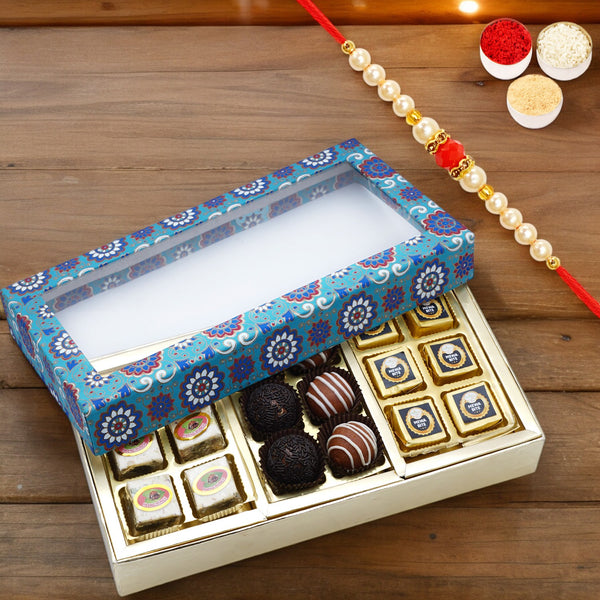3 Part Printed Box of Bites and Exotic Sweets with Pearl Beads Rakhi