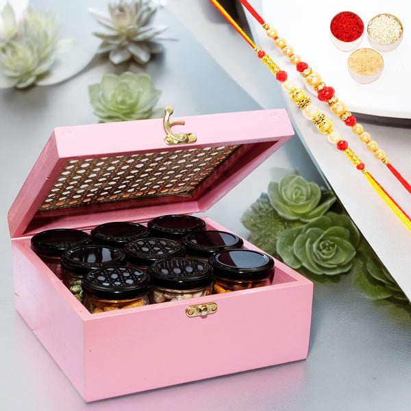 Pink Cane Rattan Box of 9 Dryfruit Jars with 2 Rakhis