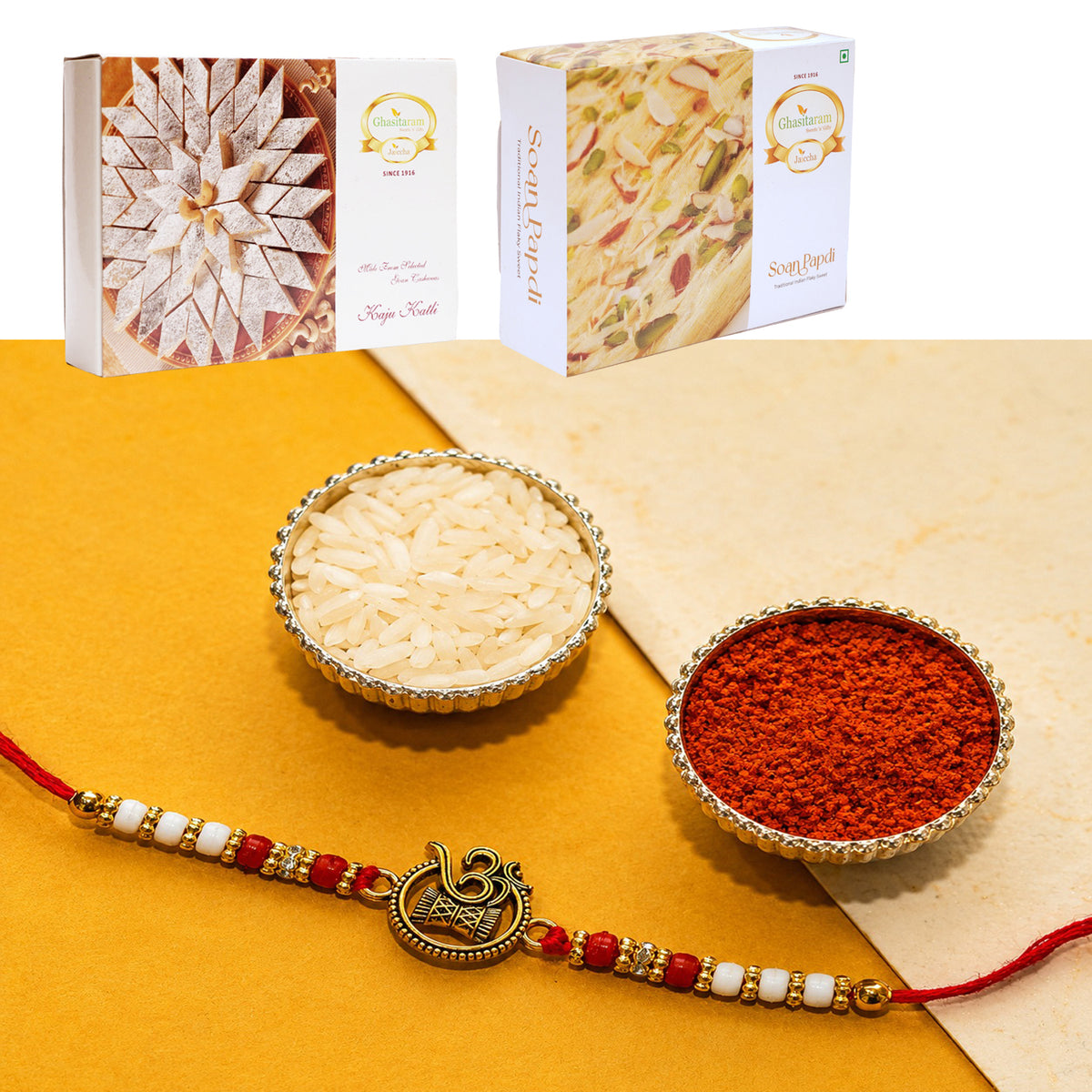 Y-67 Om Rakhi with 200 gms of Kaju katli and 200 gms of Soan Papdi