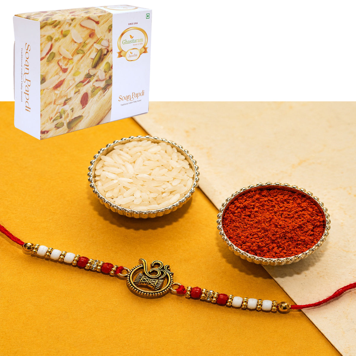 Y-67 Om Rakhi with 400 gms of Soan Papdi