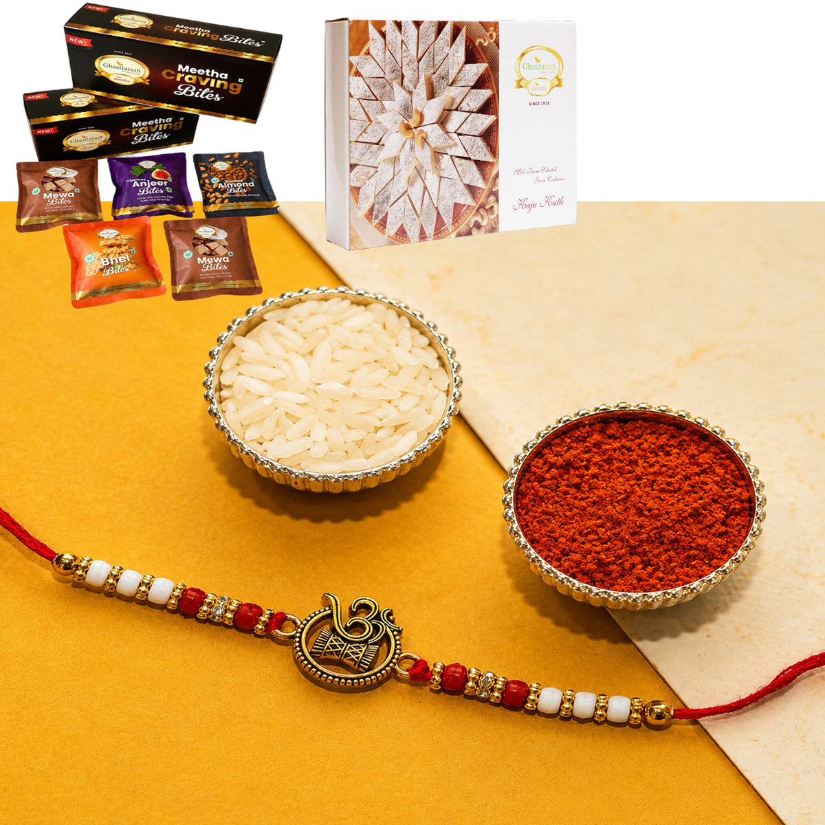 Y-67 Om Rakhi with Asorted bites box and 200 gms of Kaju katli