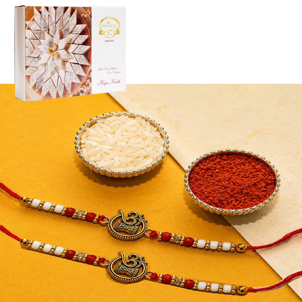 Set of 2 - Y-67 Om Rakhi with 400 gms of Kaju katli