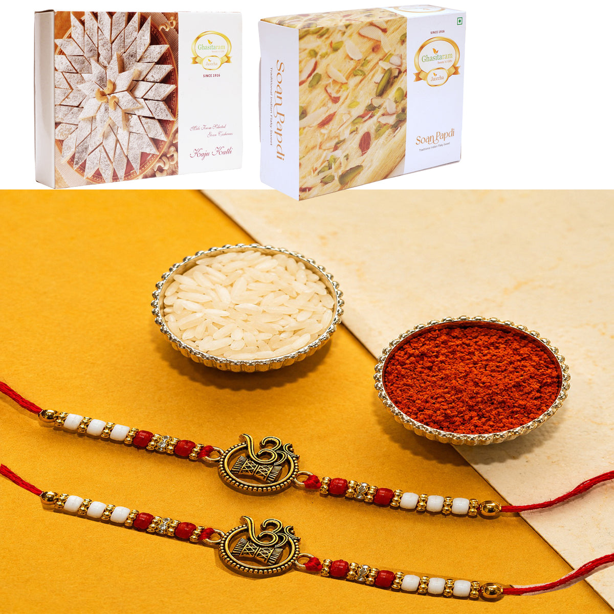 Set of 2 - Y-67 Om Rakhi with 200 gms of Kaju katli and 200 gms of Soan Papdi