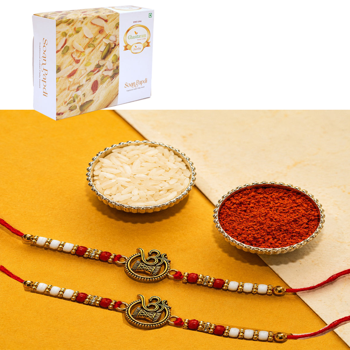 Set of 2 - Y-67 Om Rakhi with 400 gms of Soan Papdi