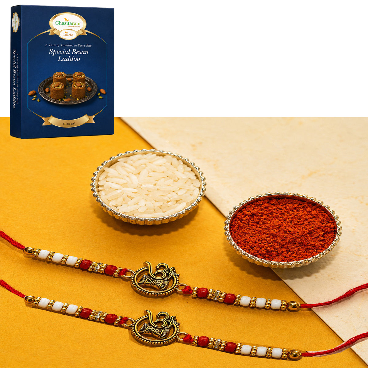 Set of 2 - Y-67 Om Rakhi with 200 gms of Besan Laddoo