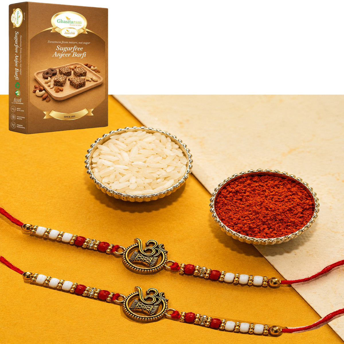 Set of 2 - Y-67 Om Rakhi with 200 gms of Sugarfree Anjeer Barfi