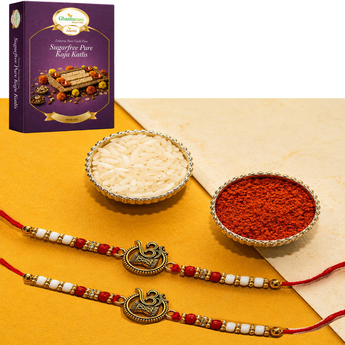 Set of 2 - Y-67 Om Rakhi with 200 gms of Sugarfree Kaju katli