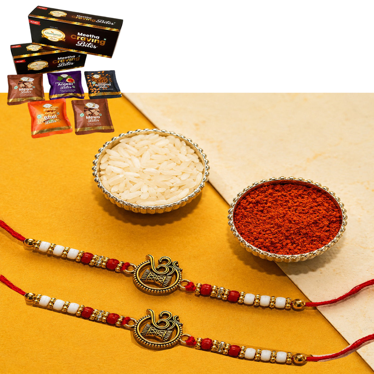 Set of 2 - Y-67 Om Rakhi with Asorted bites box