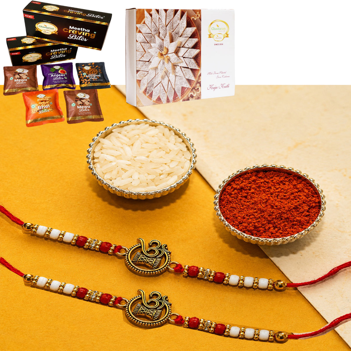Set of 2 - Y-67 Om Rakhi with Asorted bites box and 200 gms of Kaju katli