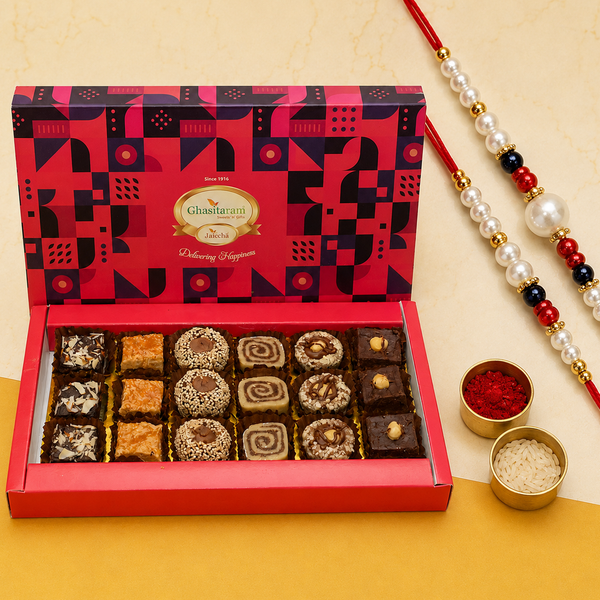 Rakhi Gift-Assorted box of Indian Fusion Sweets 12 pcs with 2 Rakhis