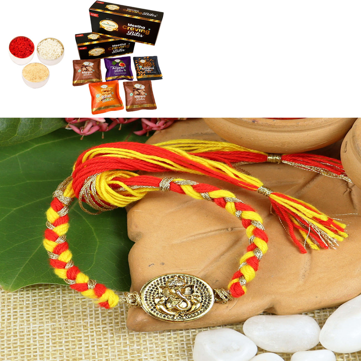 Weaved Ganesha Divine Rakhi-034 with Asorted bites box
