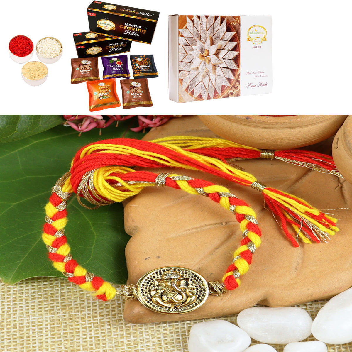 Weaved Ganesha Divine Rakhi-034 with Asorted bites box and 200 gms of Kaju katli