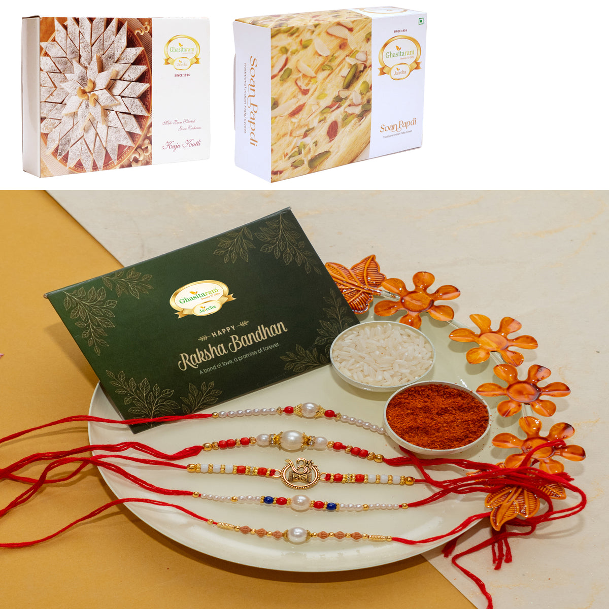 White pooj thali with 5 rakhis with 200 gms of Kaju katli and 200 gms of Soan Papdi