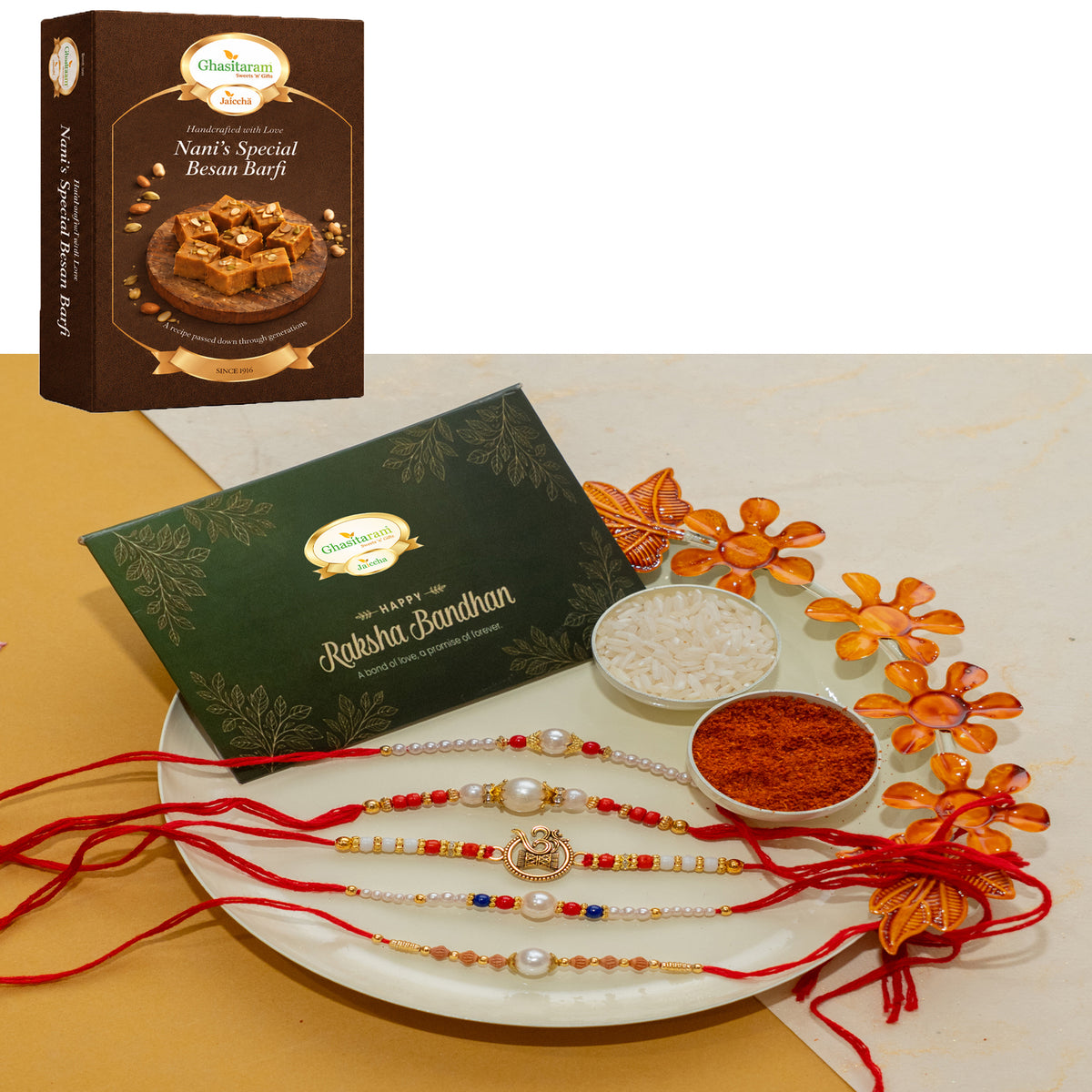 White pooj thali with 5 rakhis with 400 gms of Besan Barfi