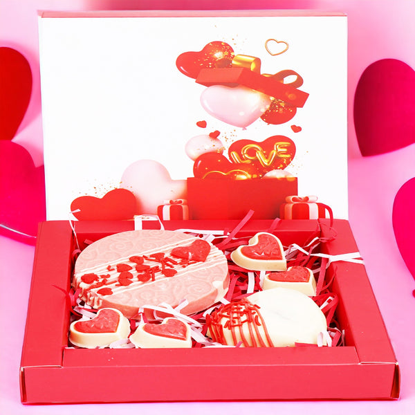 Valentines Box of Drinking Chocolate Heart, Disc and Small Heart Chocolates
