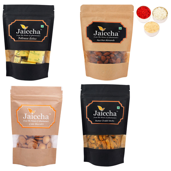Bhaidhooj Gifts- Best of 4 Mewa Bites Pouch,Coin Biscuits; Butter Chakli Sticks Pouch; Peri Peri Almonds Pouch