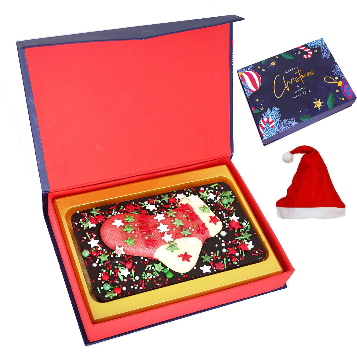 Merry Christmas Decorated Box With Chocolate Stocking Bark
