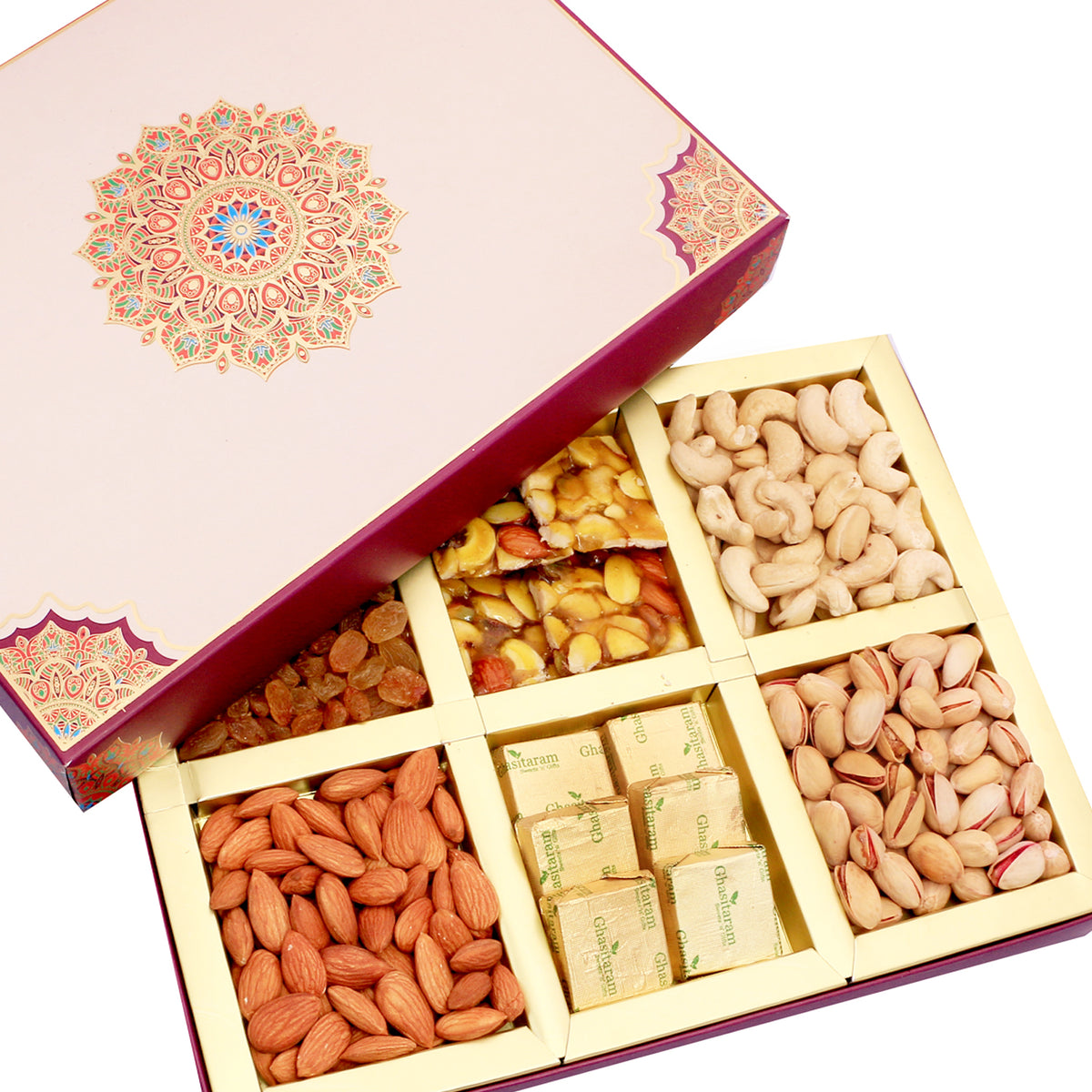 Diwali Dryfruits-Fusion 6 Part Dryfruits, Chocolates and Dryfruit Chikki Box Hamper