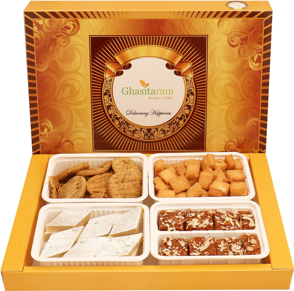 Big Box of kaju katli, dodha barfi, methi mathi and shakar pada