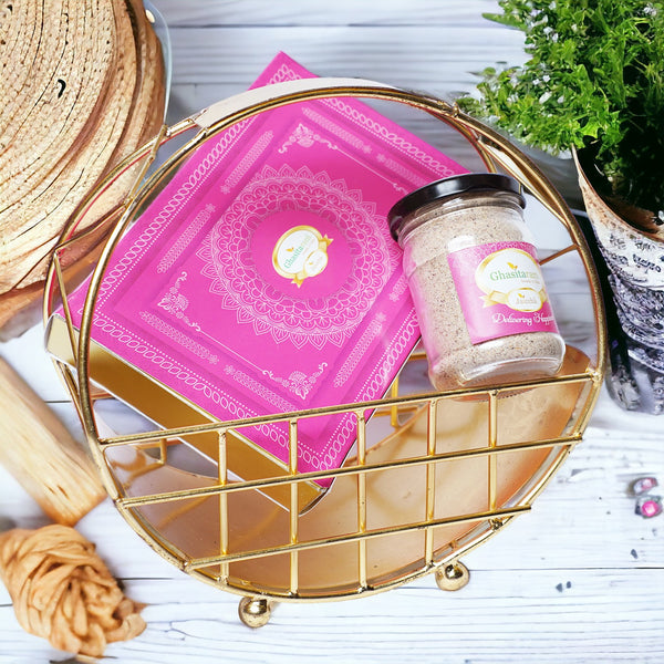Holi Sweets| Holi Hampers| Holi Gifts Moon Metal Basket of Gujiyas and Thandai