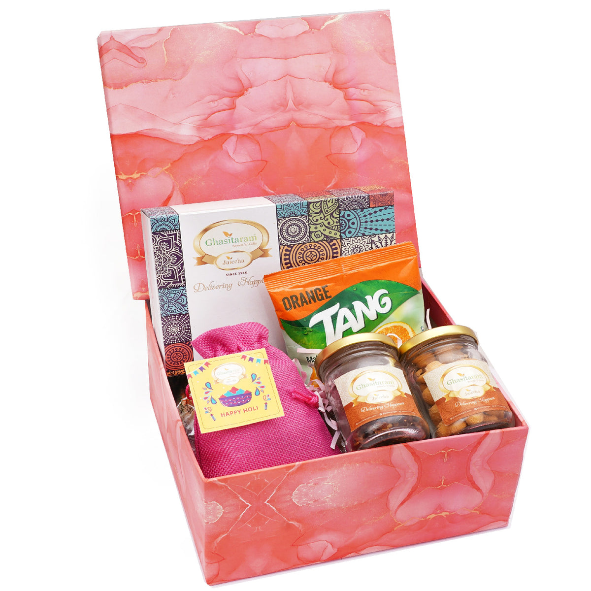 Colourful Holi Box of Gujiyas, Banarsi Paan, Crunchy Cashews, and Thandai