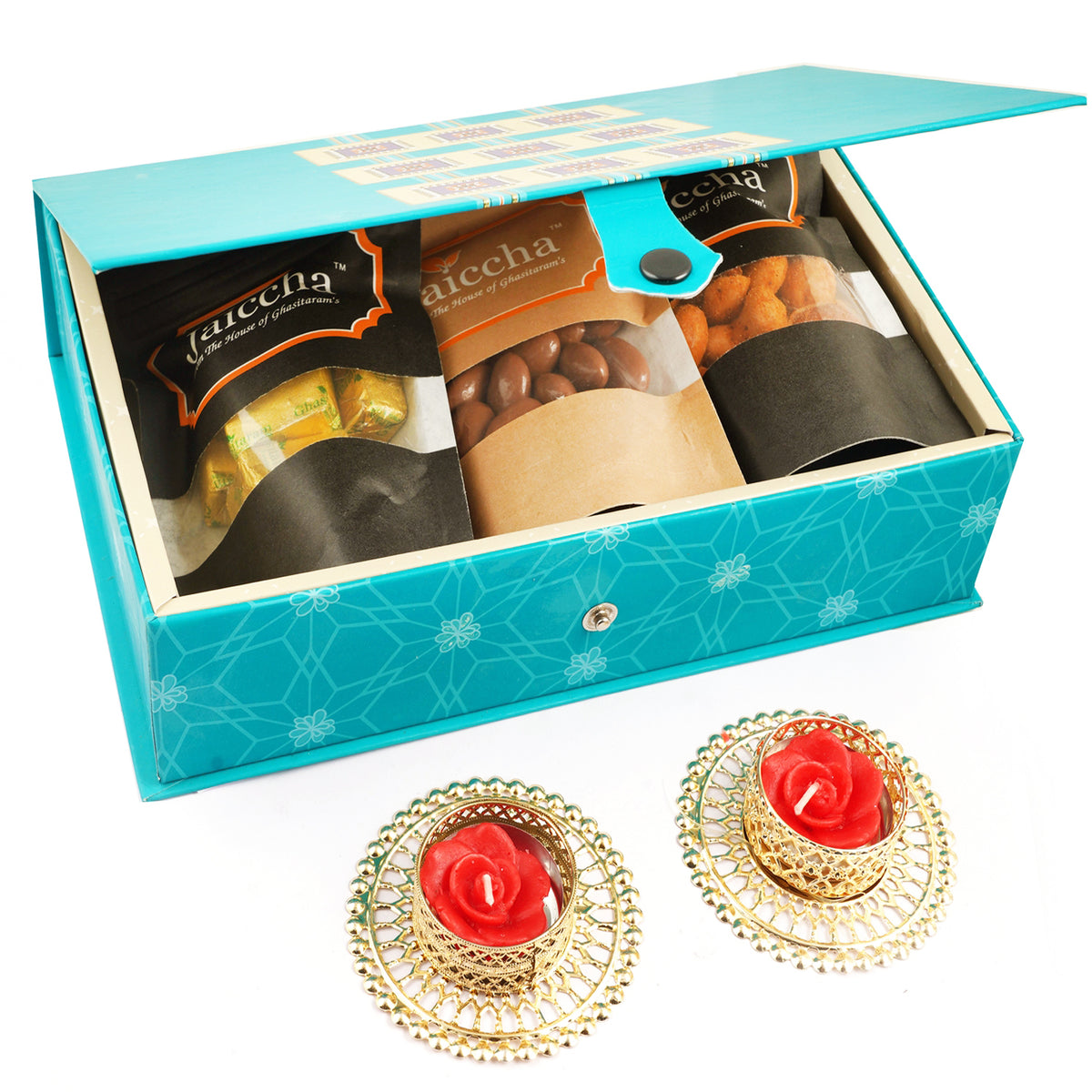 Blue Rectangular box of Mewa bites, Crunchy Coated Cashews , Chocolate Almonds and 2 T-Lites