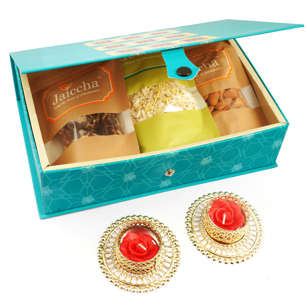 Blue Rectangular box of Sugarfree Bites, Diet Chiwda,Almonds and 2 T-Lites