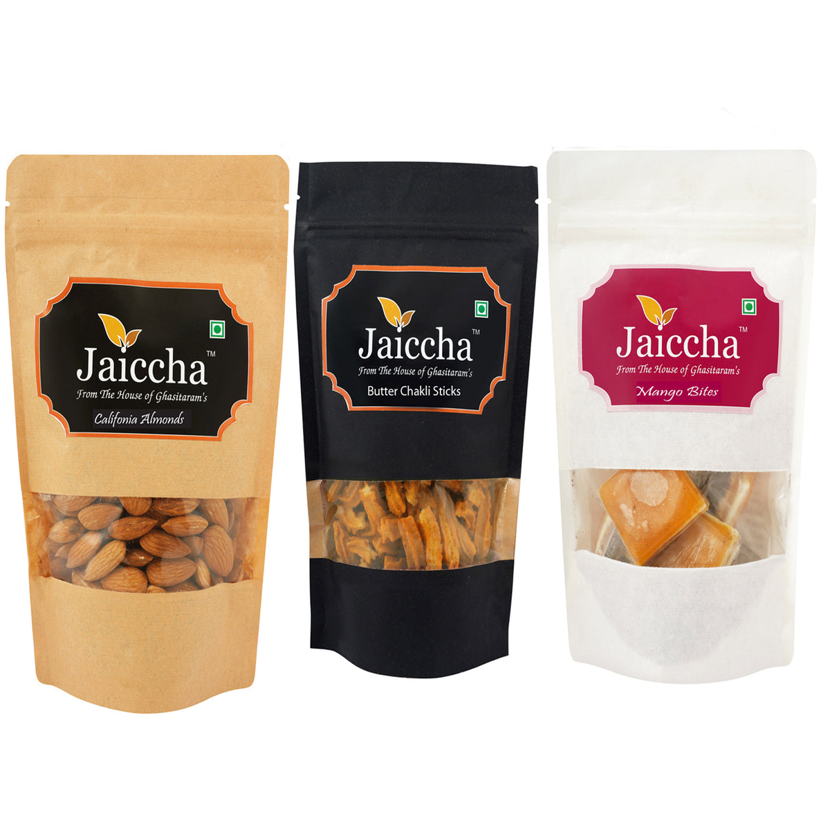 Best of 3 Mango Bites 200 gms, Butter Chakli Sticks 100 gms Pouch and Almonds 100 gms Pouch
