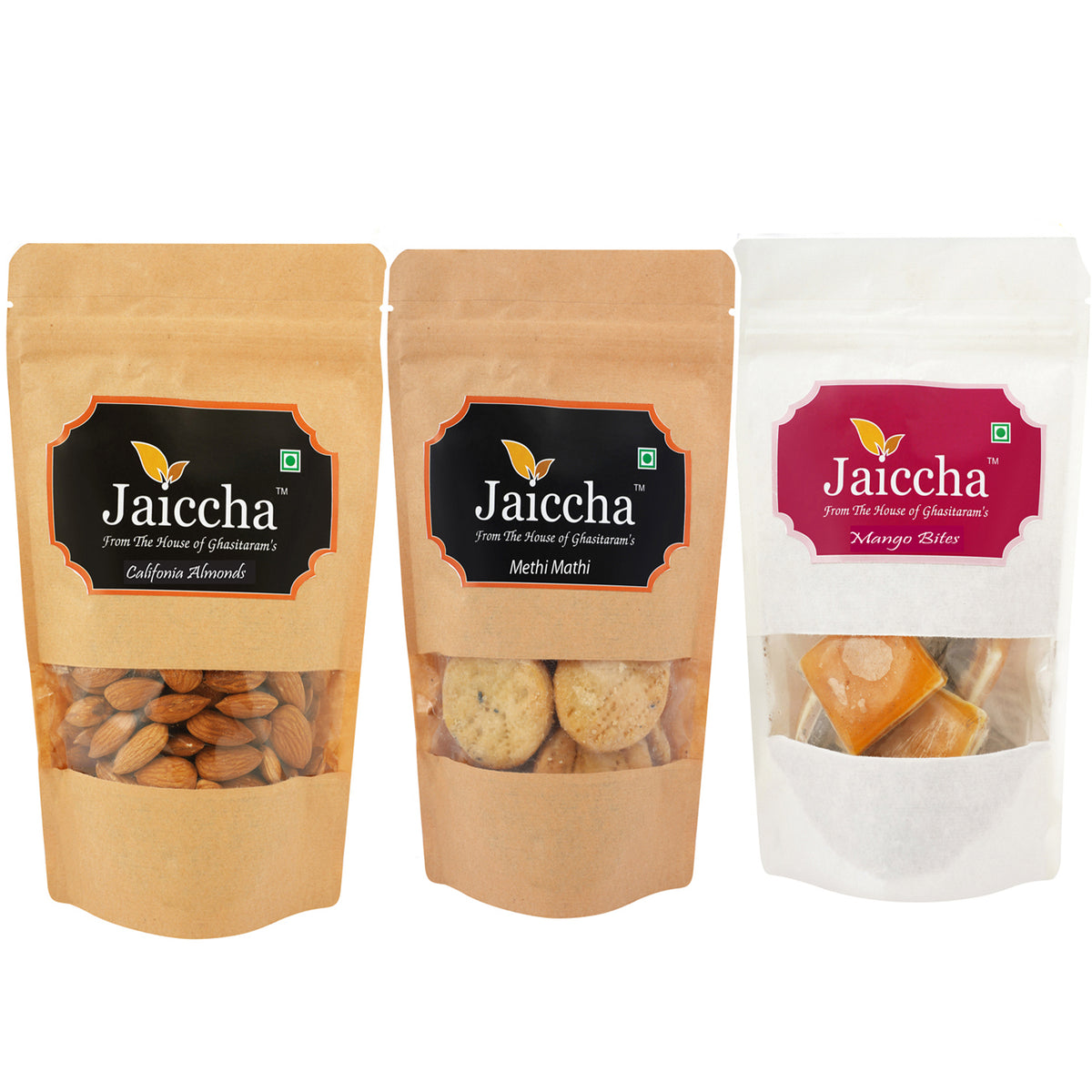 Best of 3 Mango Bites 200 gms , Methi Mathi 150 gms Pouch and Almonds 100 gms Pouch