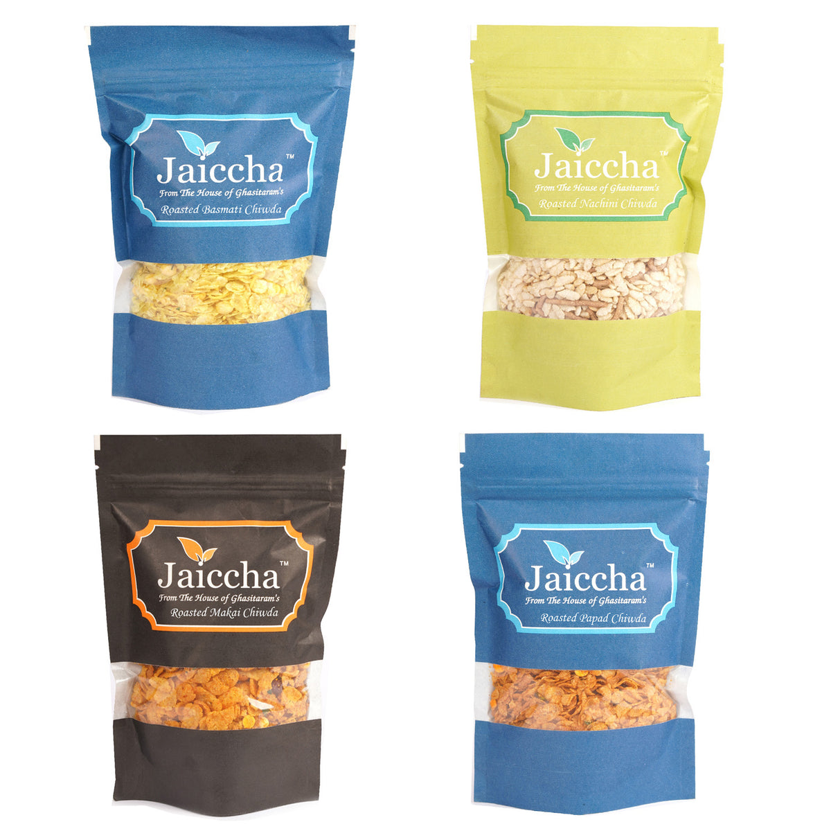 Jaiccha Ghasitaram Best of 4 Chiwdas Basmati, Makai, Papad and Nachini Chiwda Pouches