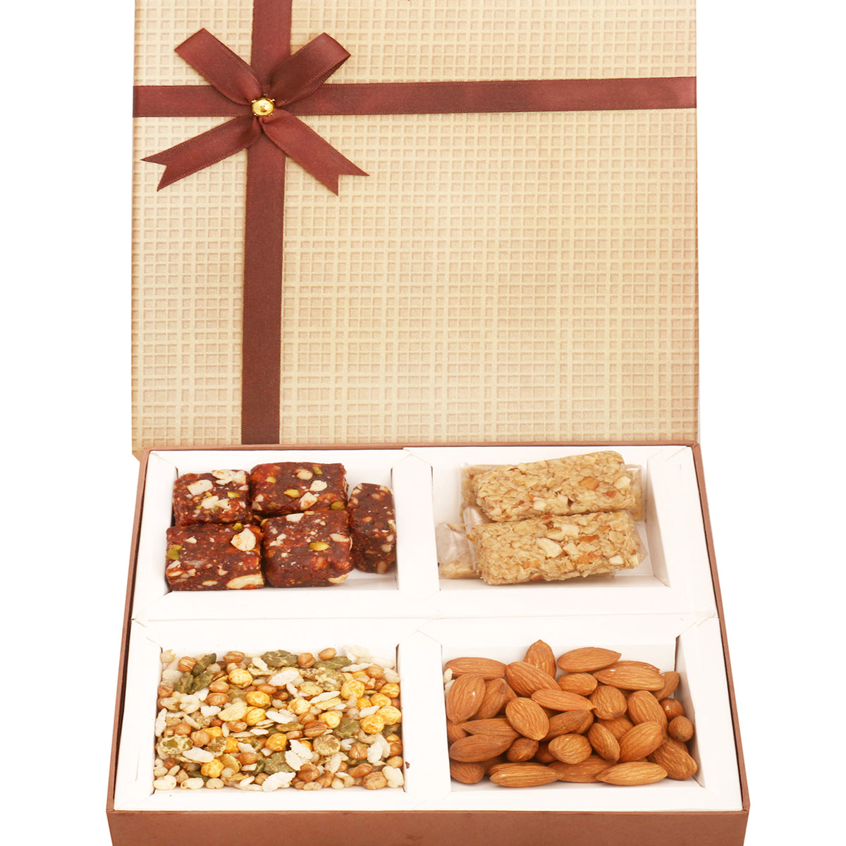 Mother's Day Gift-Brown Checks Almonds, Roasted Protein Namkeen, Granola Bars and Dates Figs Bites Box