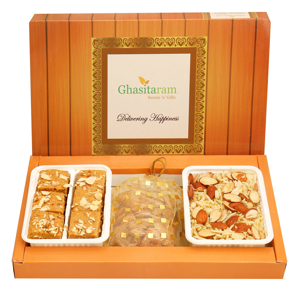 Mother's Day Gift-Nani's Spl Besan Barfi , Namkeen and Almonds Pouch Hamper