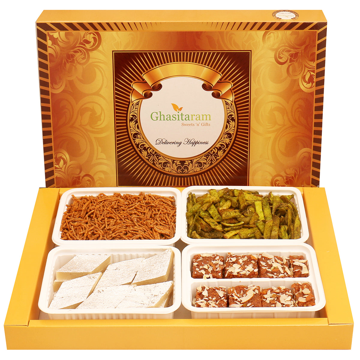 Mothers Day Sweets-Big Box of Kaju Katli, Dodha Barfi, Potato Palak Chips and Soya Sev