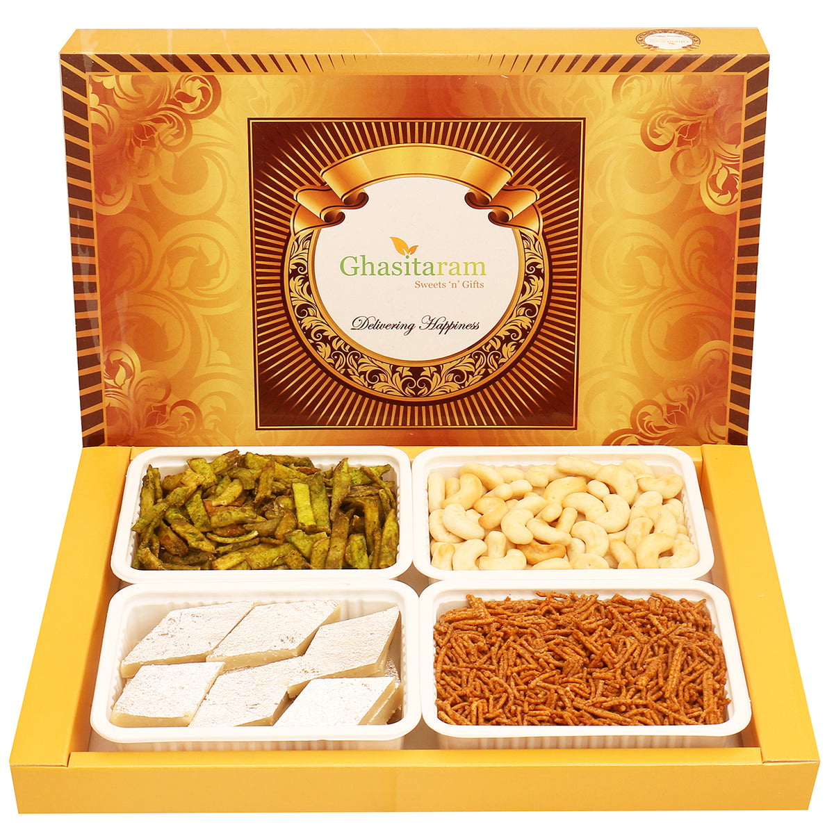 Mothers Day Sweets-Big Box of Kaju Katli, Soya Sev, Cashew Shaped Biscuits and Palak Potato Chips