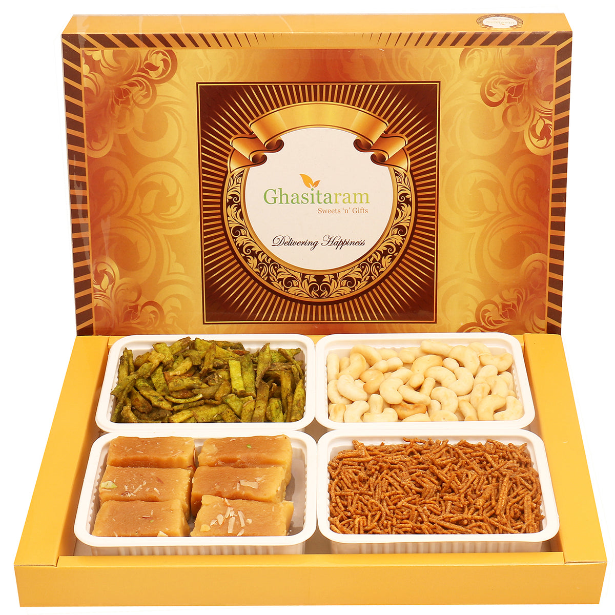 Mothers Day Sweets-Big Box of Soft Mysore Pak, Soya Sev, Cashew Sahped Biscuits and Palak Potato Chips