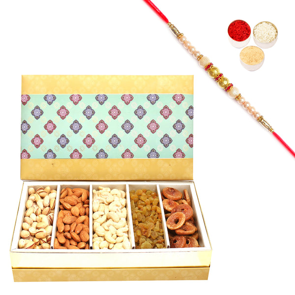 5 Part Print Dryfruit Box with Pearl Rakhi