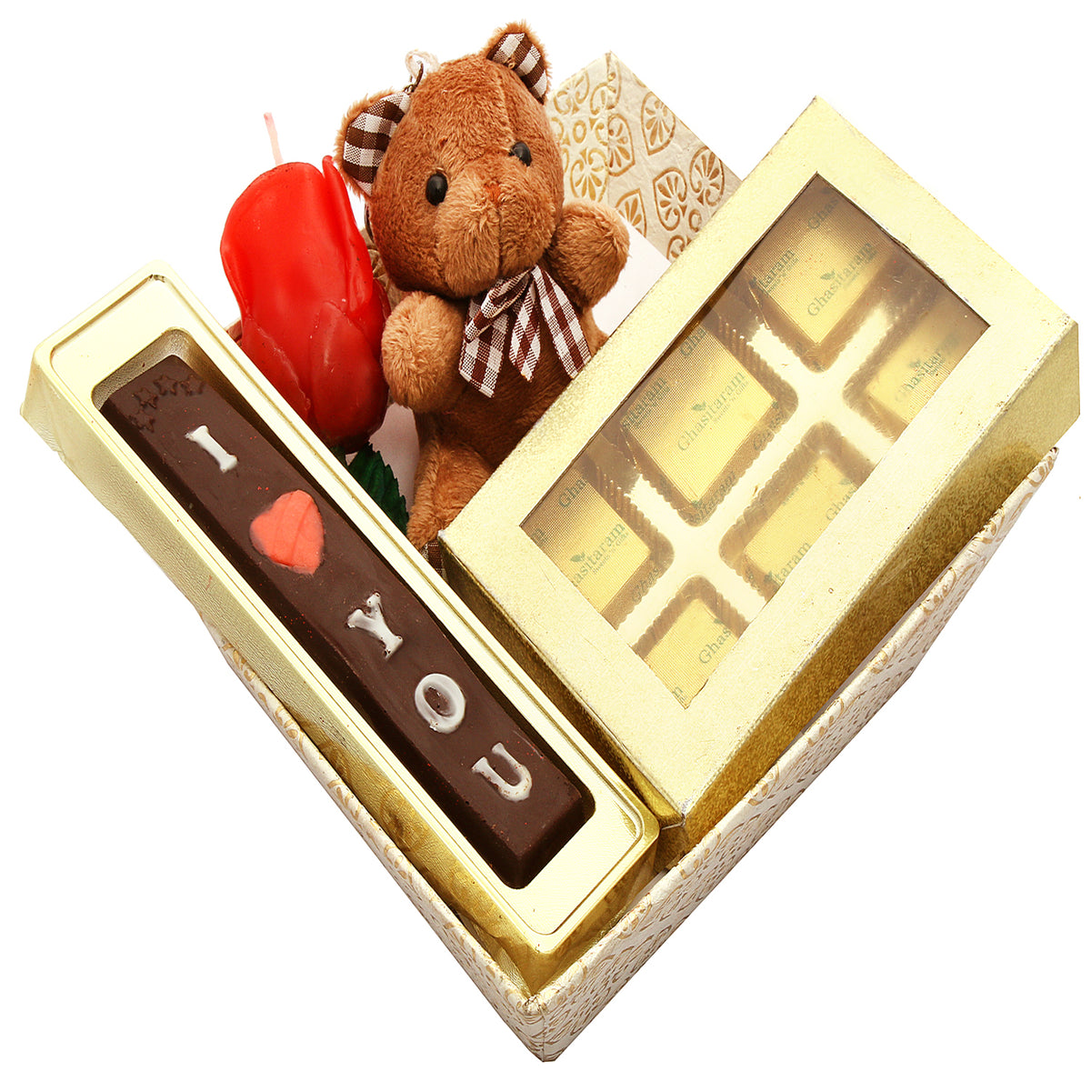 Chocolates- Basket Hamper with Teddy, chocolate, rose candle and mewa bites