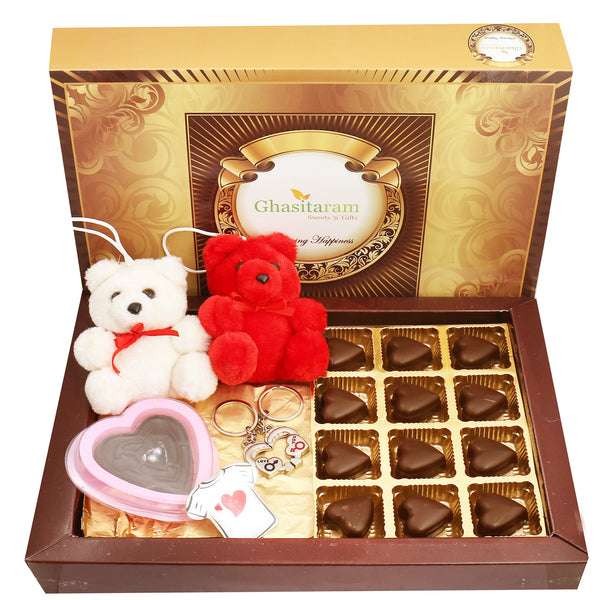 Valentine Sugarfree Chocolate -Hearts with Teddies, Keychain Set, Heart Game Chocolate and Fridge Magnet