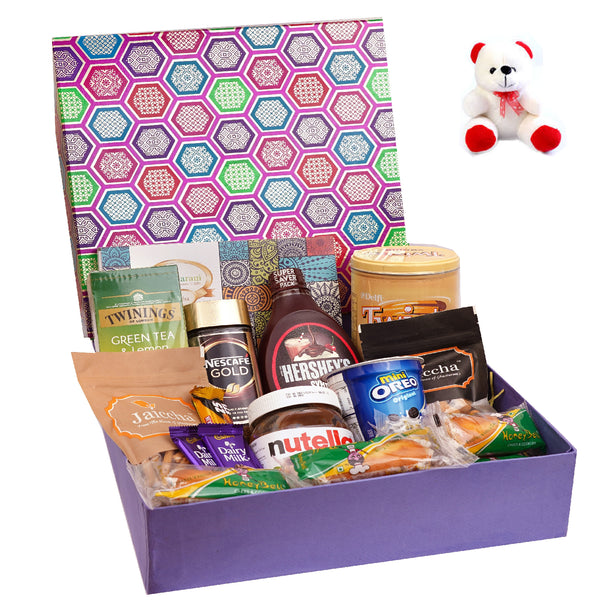 Gourmet Big Hamper Box of 18 Goodies with Assorted Bites with Teddy