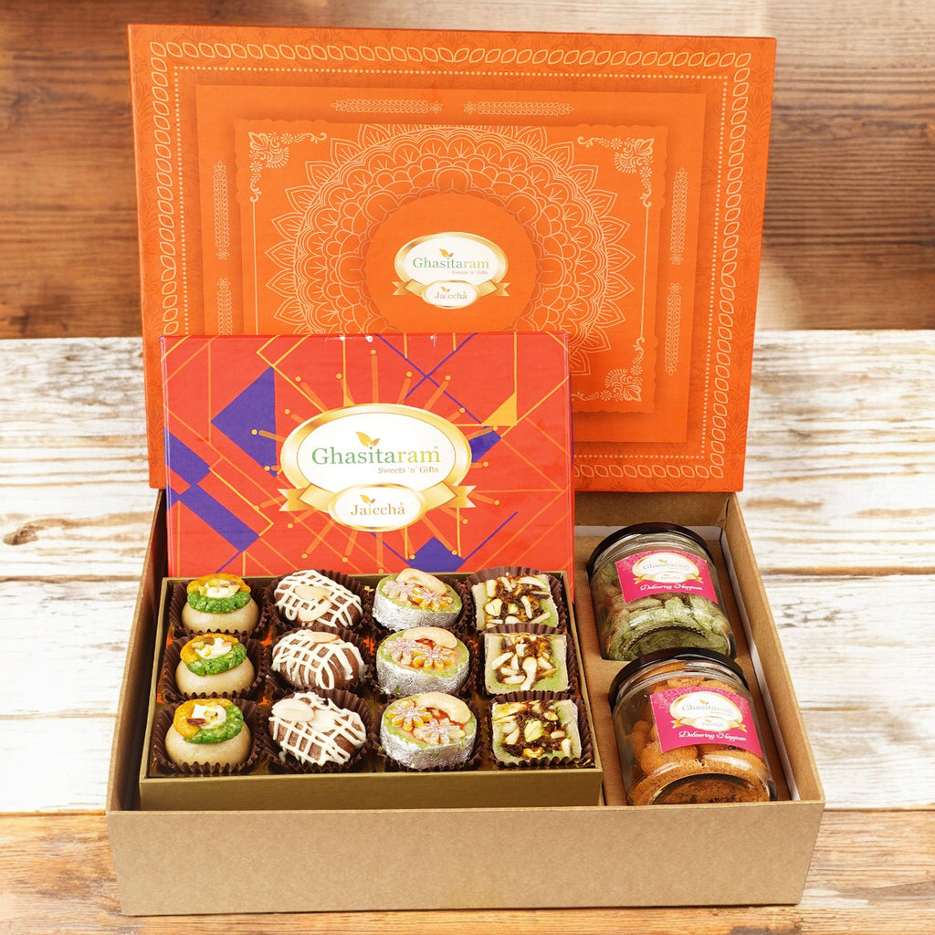 Ghasitaram Orange Hamper Box with exotic sweets,Crunchy Cashew and Paan Raisins Jar