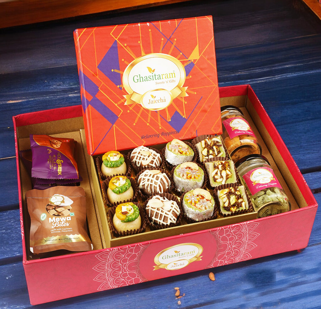 Ghasitaram Big Hamper Tray with Exotic Sweets, Crunchy Cashew, Paan Raisins, Mewa Bites and Cookies