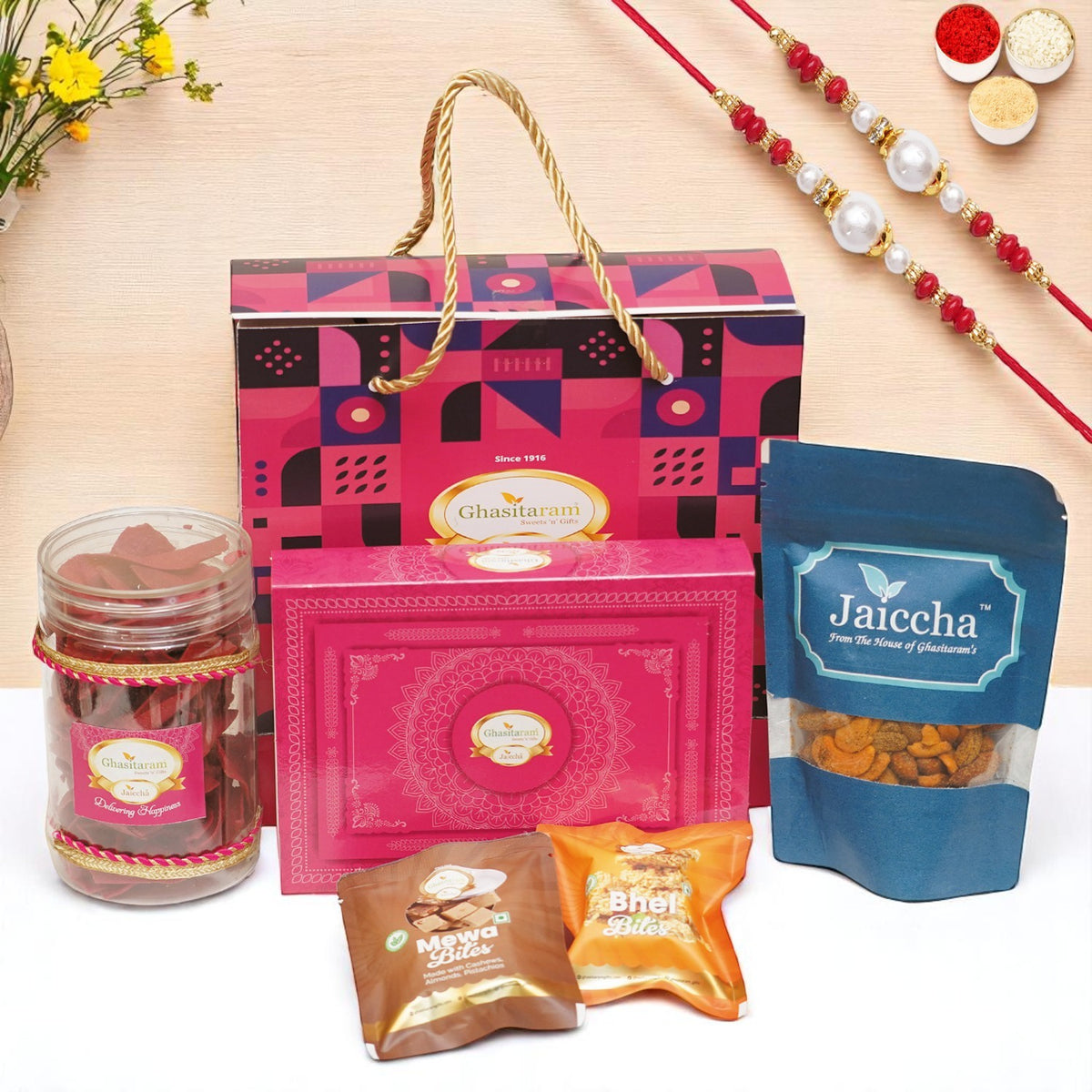 Bag Gift Box with bites, namkeen and 2 rakhis