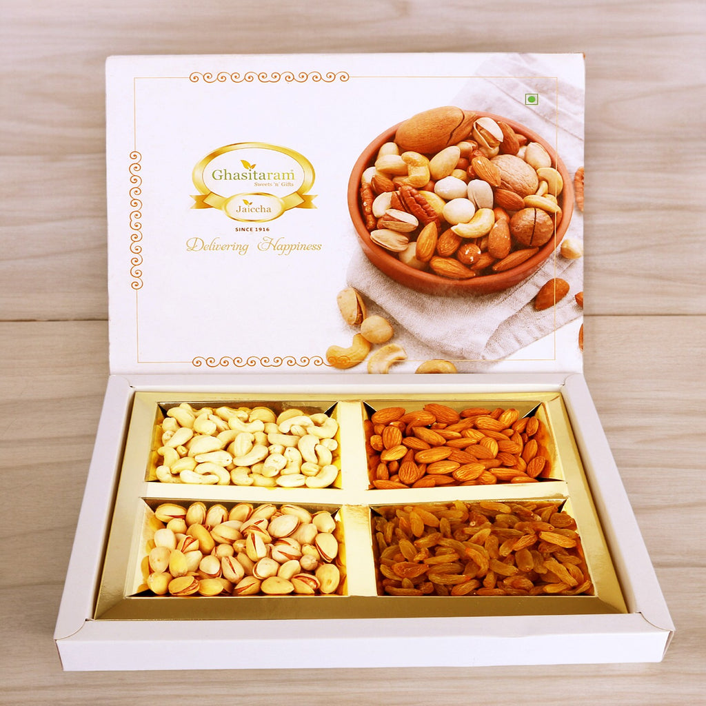 Rakhi Dryfruits- Ghasitaram's Golden Dryfruit Box 400 gms with Pearl Rudraksh Rakhi