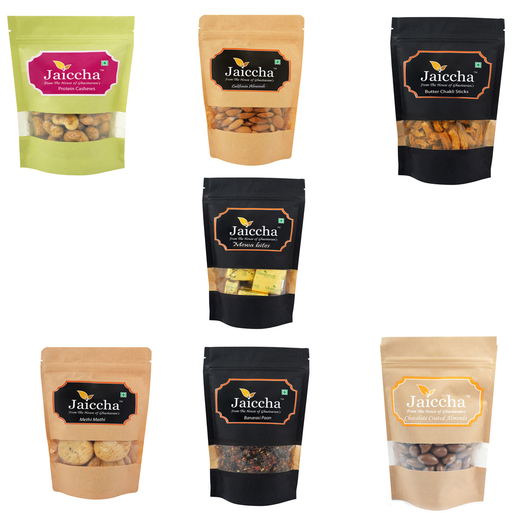 Corporate Gifts-Best of 7 Mewa Bites, Protein Cashews, Almonds, Butter Chakli Sticks, Methi Mathi, Banarsi Paan and Chocolate Coated Almonds