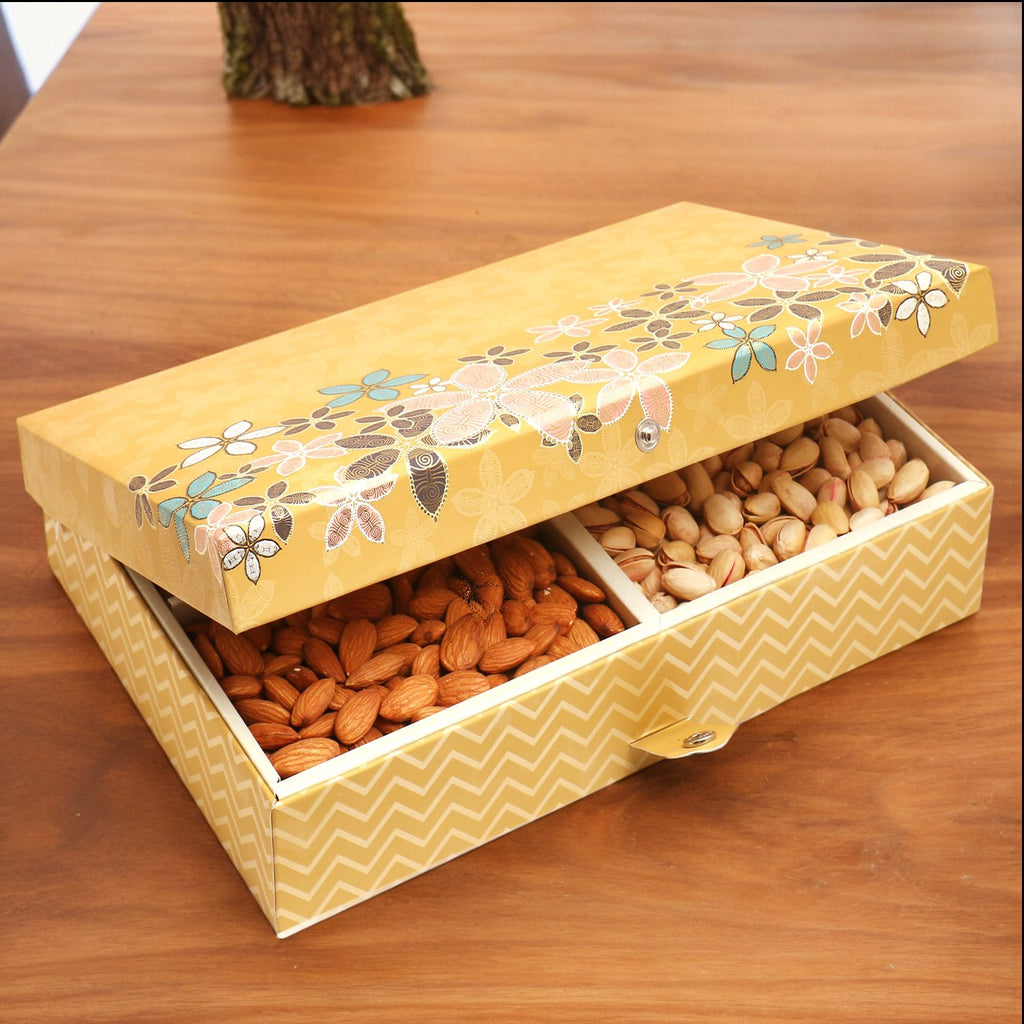 Corporate Gifts-Gold 4 Part Print Dryfruit Box 1000 gms