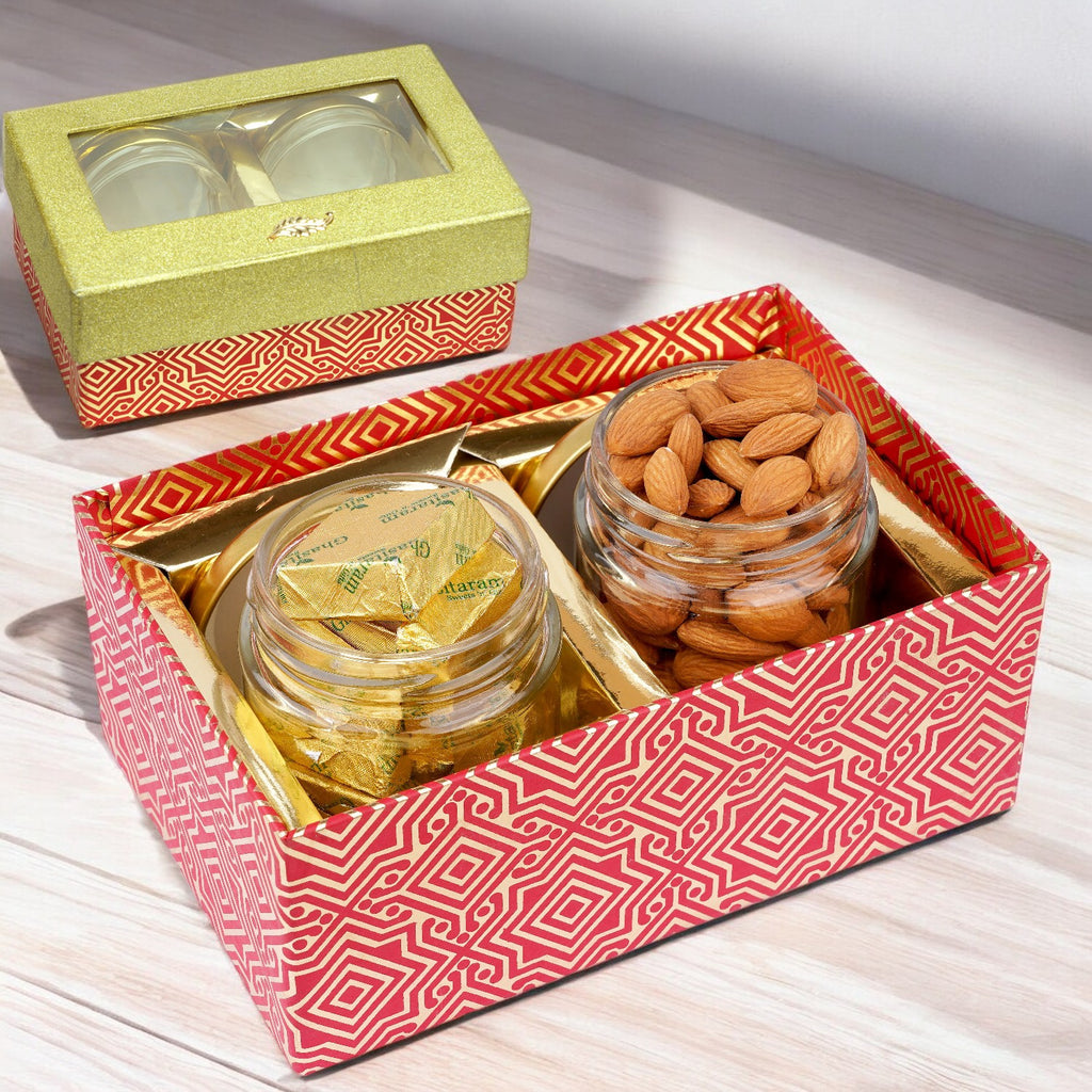 Corporate Gifts-Golden box with 2 Jars of Almonds and Mewa Bites